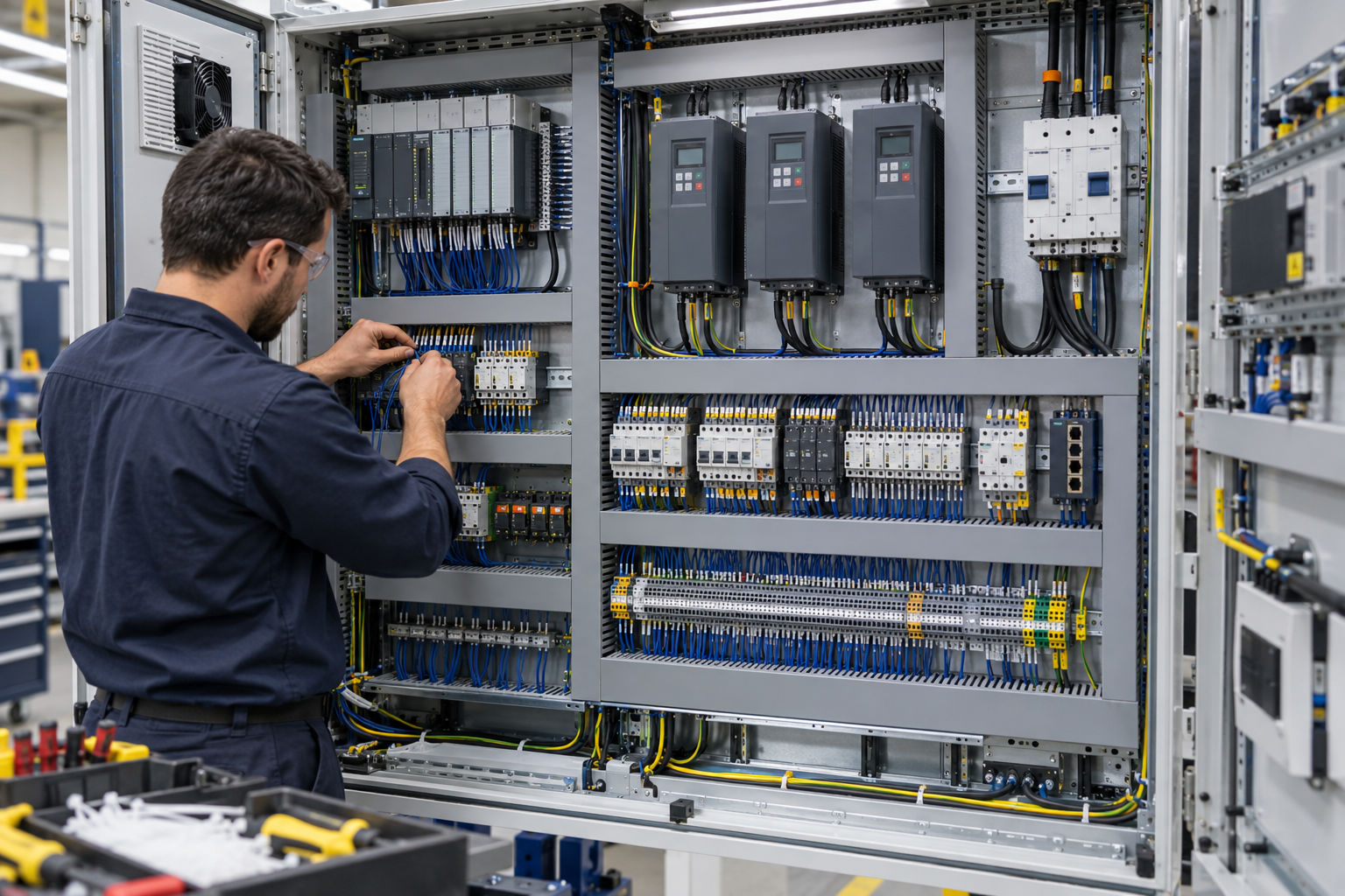 Industrial control panel with VFDs and PLCs
